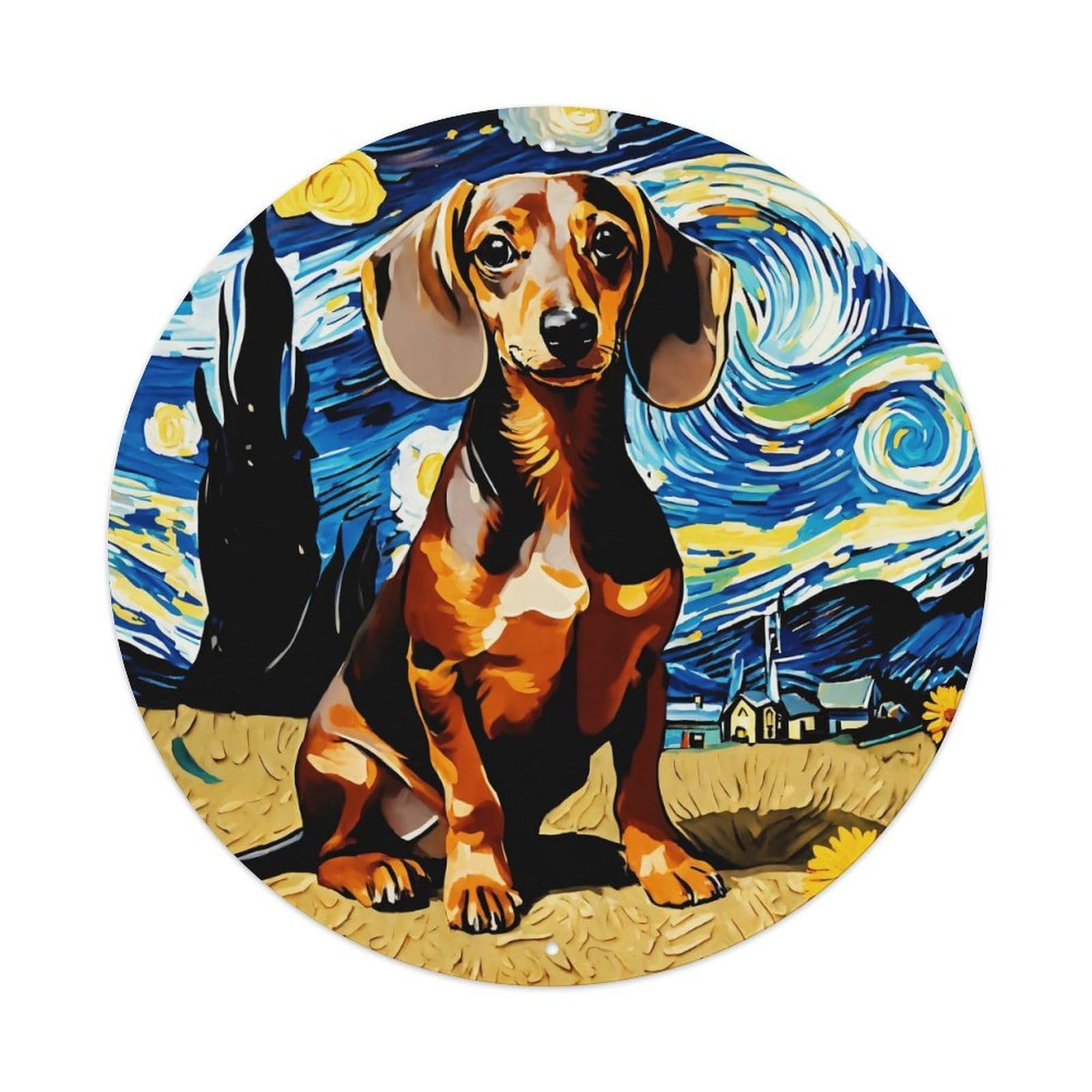 Vintage Art Starry Night Dachshund Dreamscape Vintage Metal Tin Sign Plaque Wall Decor for Cafe, Club, Garden Round Metal Poster 8x8Inch
