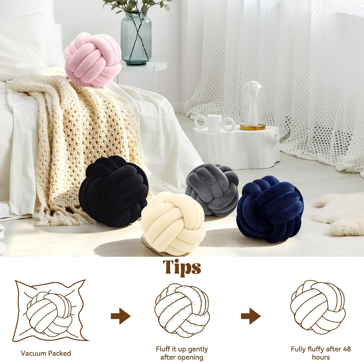 Knot Pillow Ball, Soft Plush Decorative Throw Pillow, Handmade Round Knotted Cushion for Sofa, Couch & Bedroom, Cute Home Decor Pillow (7.87 Inches, Ivory)