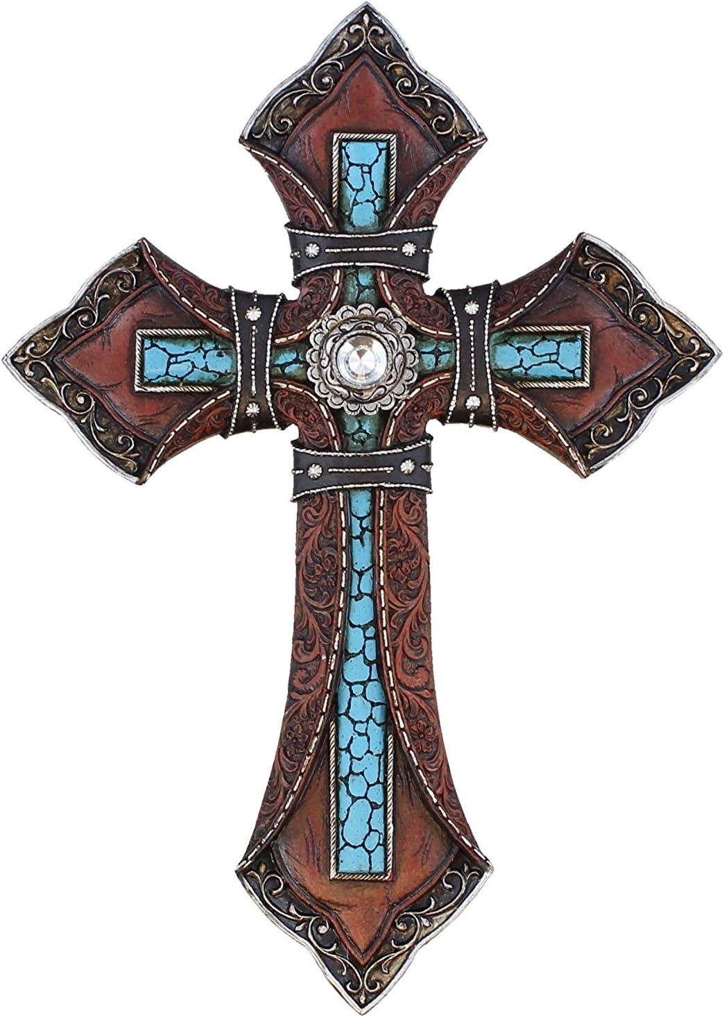 Old River Outdoors Tooled Leather Look Wall Cross - Faux Turquoise with Center Rhinestone