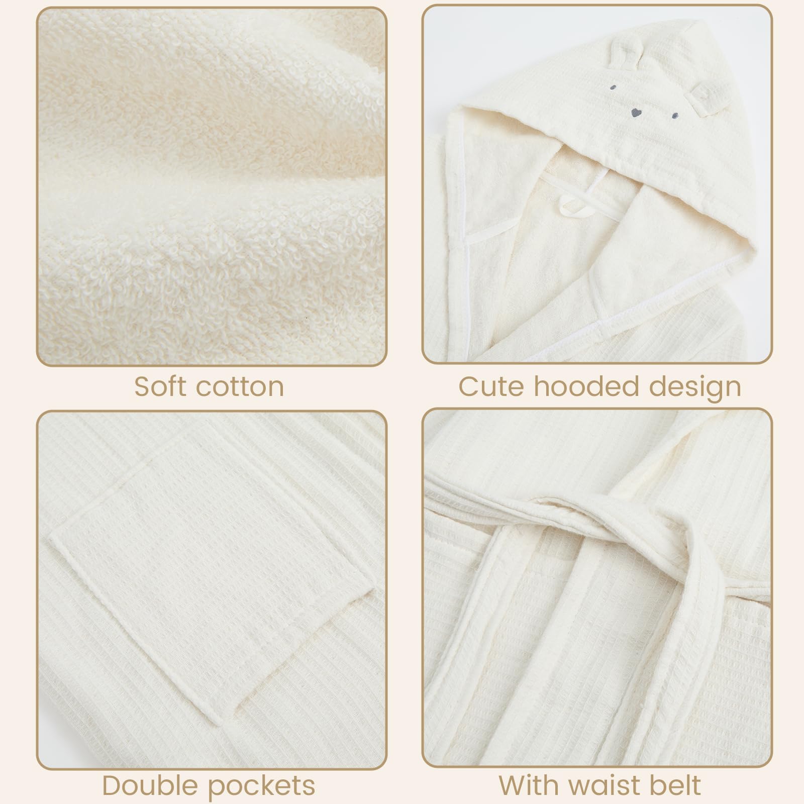 WYTbaby Bata de baño para niños, 100 % algodón, con capucha, absorbente, para niñas y niños de 1 a 8 años