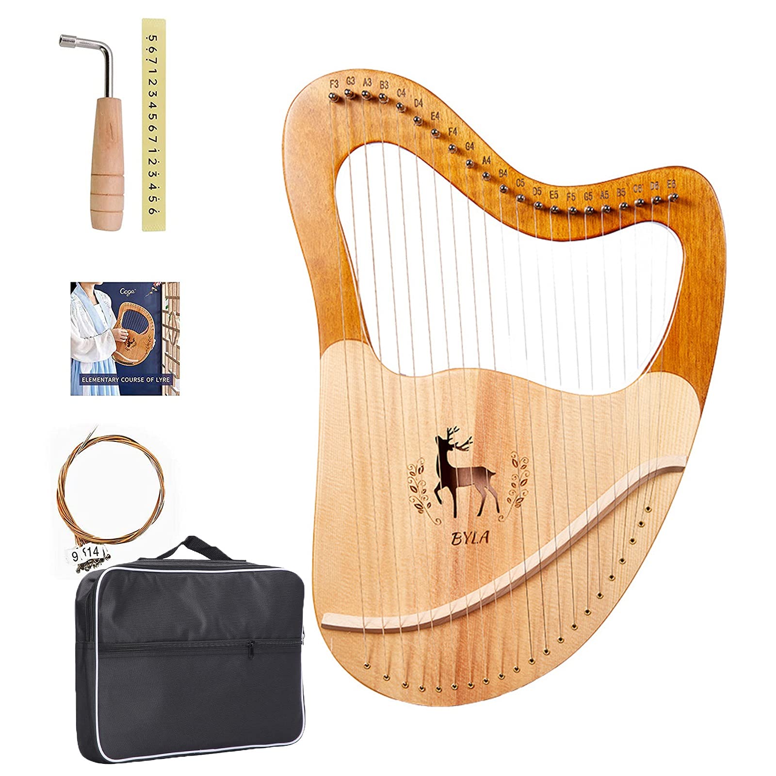 Lyre Harp, 21 metalen snaren, lierharp, cadeaus voor muziekliefhebbers, beginners, vrienden met stemsleutel, vervangende snarenset (21 snaren, natuurlijk hout