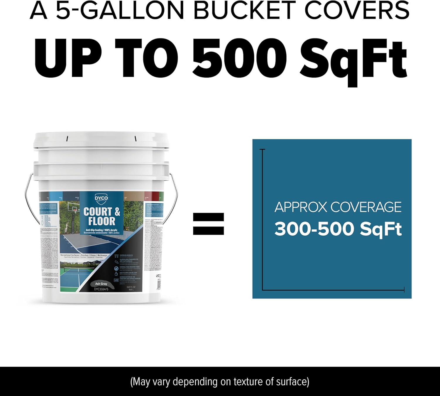 DYCO Court & Floor Anti-Slip Coating - Slip-Resistant Pavement, Cement & Concrete Paint for Pickleball, Tennis & Basketball Courts, Exceeds ADA Standards for Safety Areas (Ash Gray, 5 Gallons)