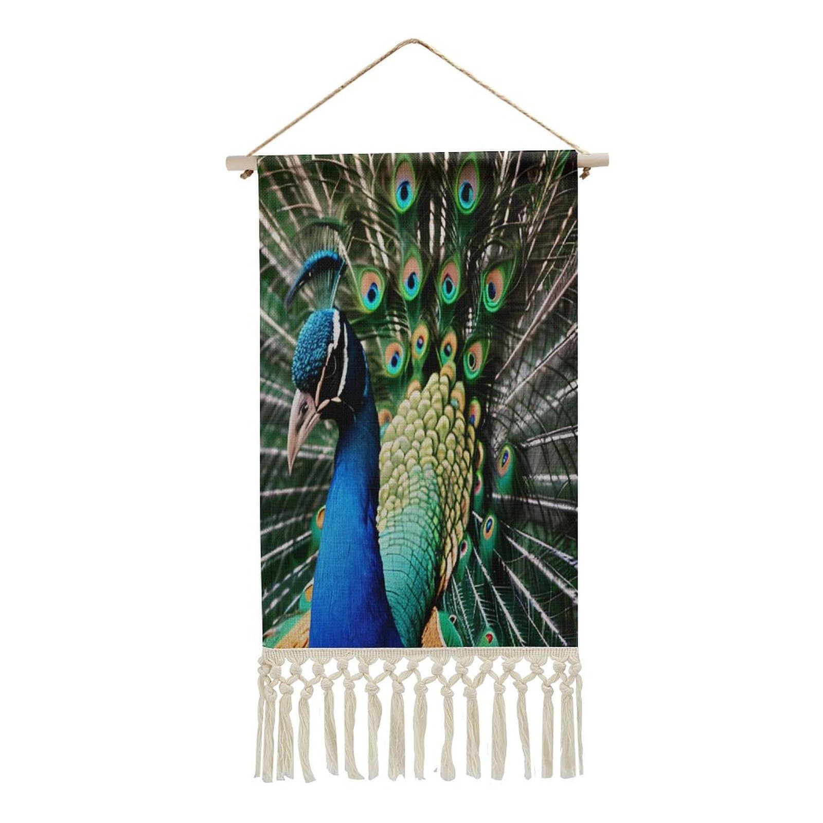 VstaDank Peacock Wall Art Decor with Tassels 20"x10" Cotton Linen Hanging Tapestry Decor Wall Art Prints Wood Frame Boho Wall Art Poster for Bedroom Living Room Office