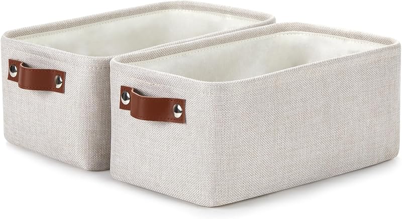 Cestas de almacenamiento de tela DULLEMELO | Cestas pequeñas de 11,8x7,9x5,1 pulgadas para organizar el armario Juego de 2 cestas de almacenamiento de tela | Cesta de almacenamiento rectangular con asas de PU (Beige)