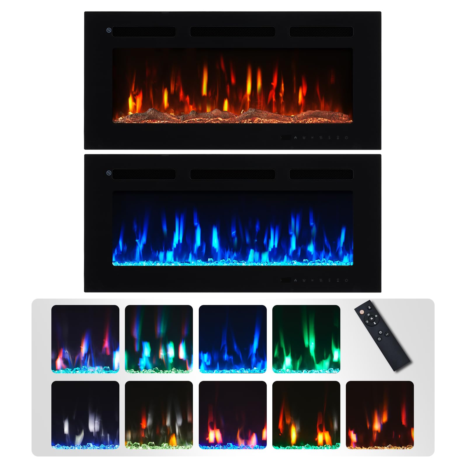 Flameko Black Winslow 92Cm/36" 3-In-1 Electric Fireplace, Recessed, 9 Colour Led Flame Effect, Touch Screen & Remote, Tv Safe Media Wall, 2 Heat Setting Fan Heater 900W-1800W Logs & Crystals Included