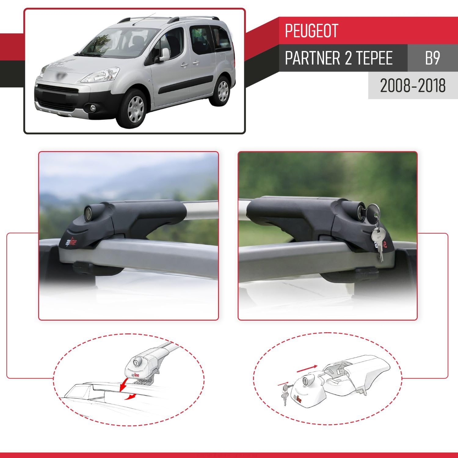 Compatible con Peugeot Partner 2 Tepee (B9) 2008-2018 Modelo Ace-1 Barra de Techo Auto Portaequipajes Barras Transversales Gris Aluminio 2 Barras