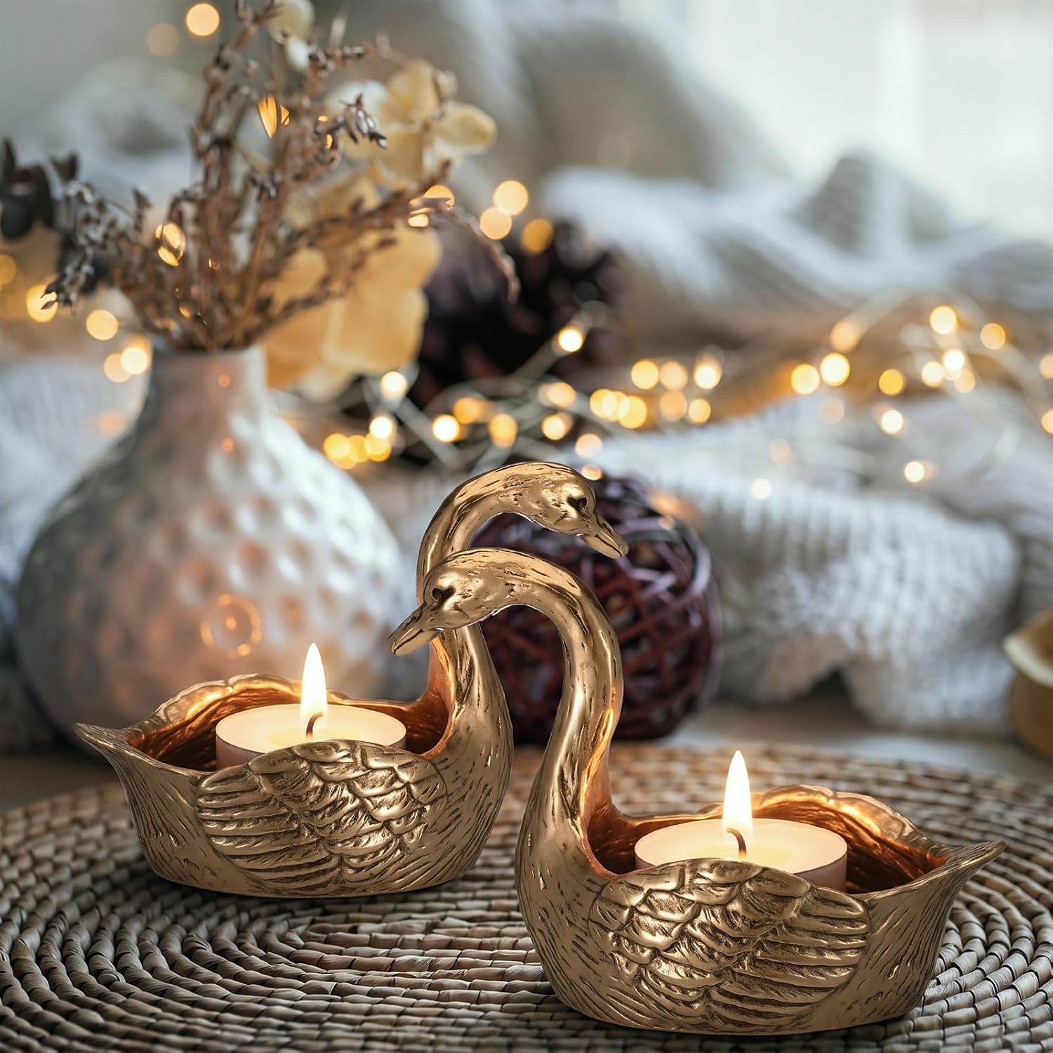 Mumufy 2 Pcs Swan Tealight Candle Holders Elegant Gold Swan Decor for Votive Candles Table Centerpiece Weddings Dinners