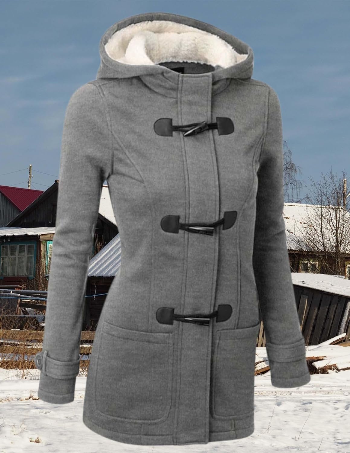 LIZALIG Womens Fashion Horn Button Fleece Thicken Fall Coat with Hood Winter Warm Jacket - Image 3