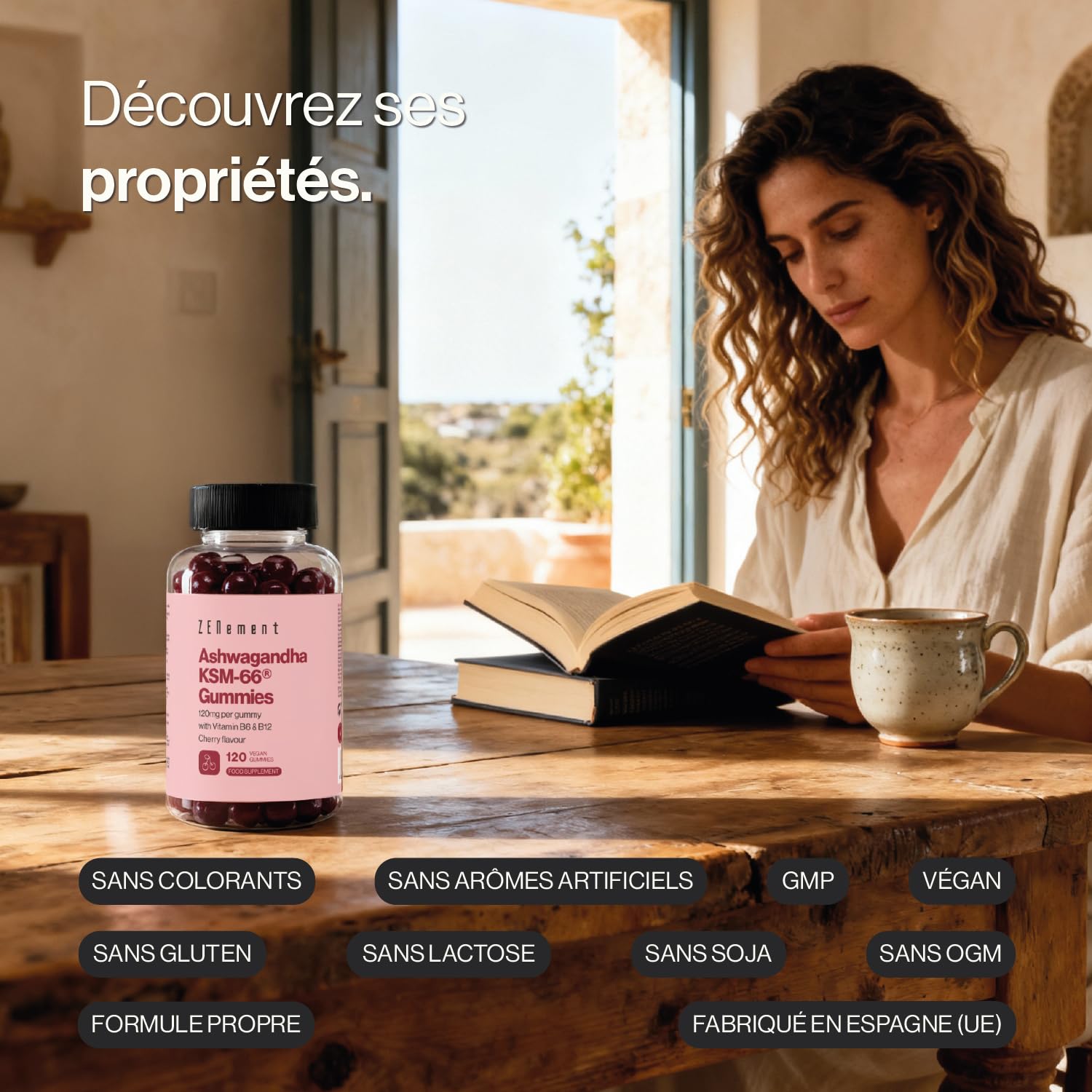 Gommes à l’Ashwagandha KSM-66® avec Vitamines B6 et B12-1500 mg de Racine d’Ashwagandha (120 mg d’Extrait par Gomme) - 120 Gommes Véganes Goût Cerise - 4 Mois d’Approvisionnement – Zenement