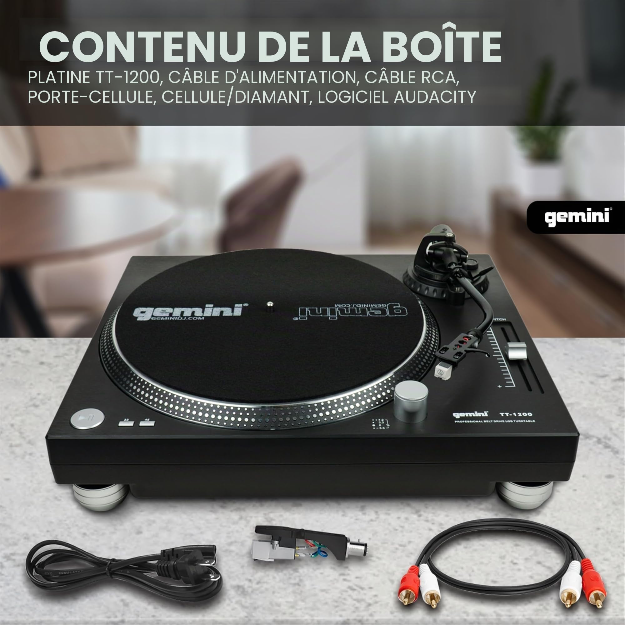 Gemini Sound TT-1200 – Platine vinyle à entraînement par courroie à 2 vitesses, Platine DJ pour installation stéréo personnelle avec interface USB et logiciel Audacity fourni