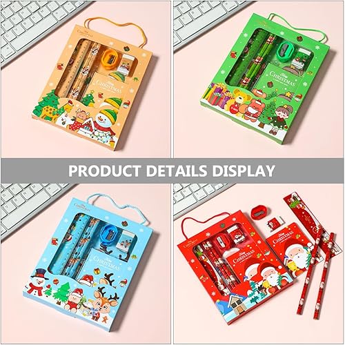 Miniatura 5 de LUOZZY 4 juegos de regalo de Navidad para niños y estudiantes, papelería temática de Navidad de dibujos animados con caja de regalo y asa, incluye