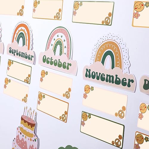 Miniatura 5 de Nezyo Juego de 80 tablones de anuncios para el aula, 80 piezas, Groovy Retro Hippie, tabla de cumpleaños para aula, recortes de pared de calendario