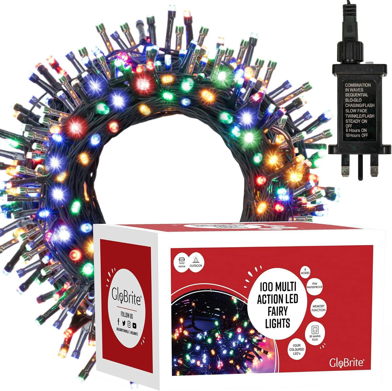 GloBrite 100 LED Fairy Lights - Versatile Christmas Lights with 8 Modes, Outdoor Fairy Lights, Christmas Tree Lights and Christmas Decorations - Waterproof Christmas Lights Outdoor - Four-Coloured