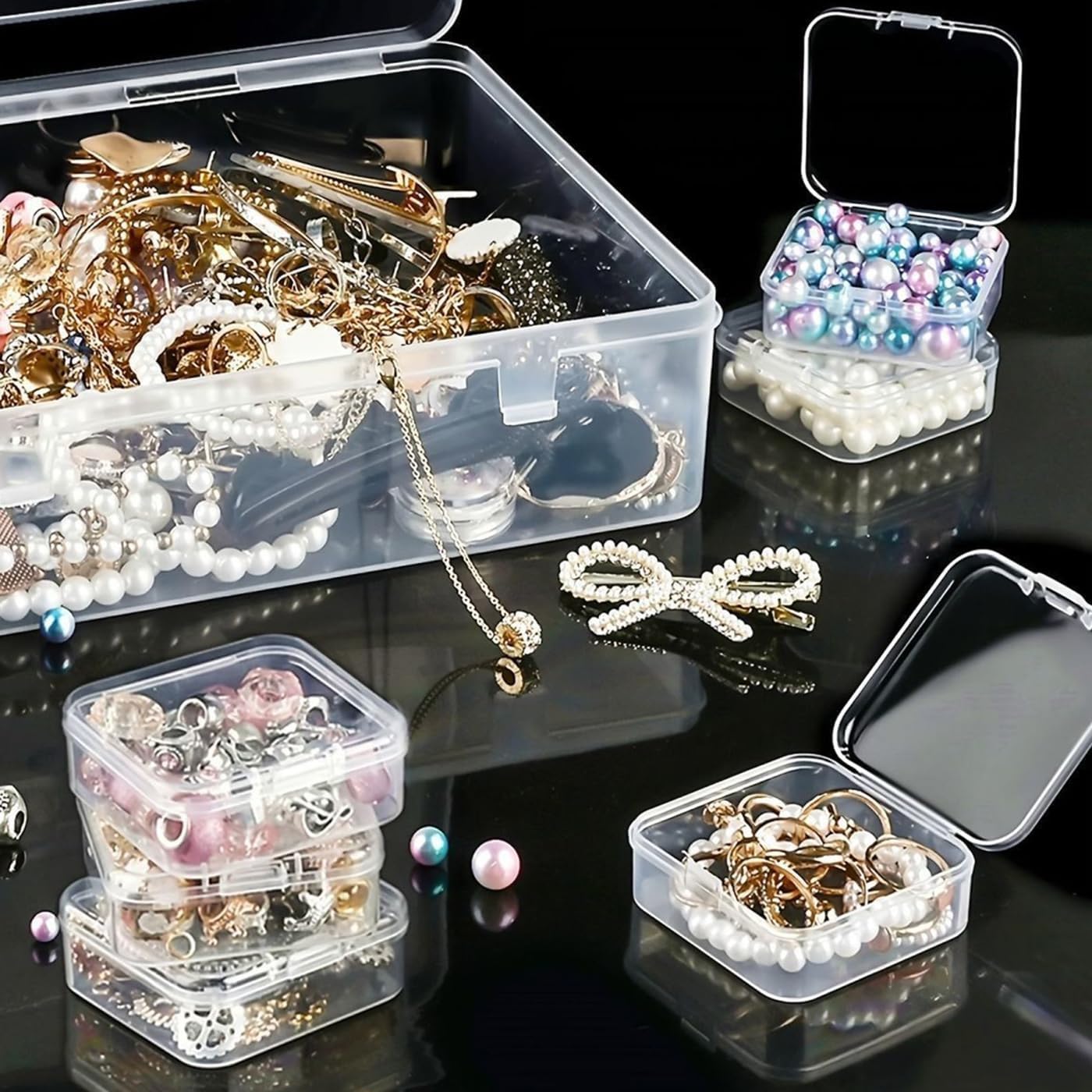 Mini Square Clear Plastic Storage Box with Hinged Lid, 6.5x6.5x2.0 cm