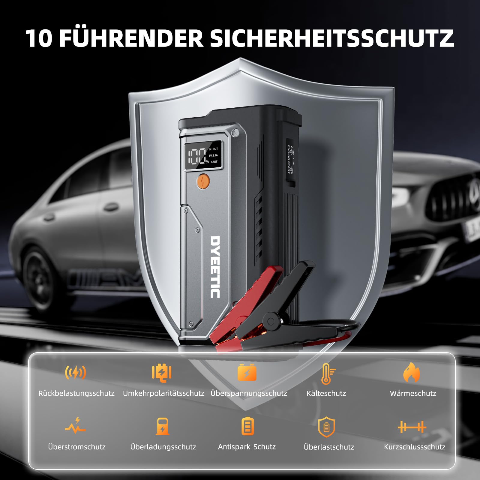 D16 Starthilfe Powerbank für Pkw, 8000A 12V Auto Batterie Booster für All Benzin /12L Diesel mit LED Taschenlampe, Tragbare Starter Powerbank mit Starthilfekabel