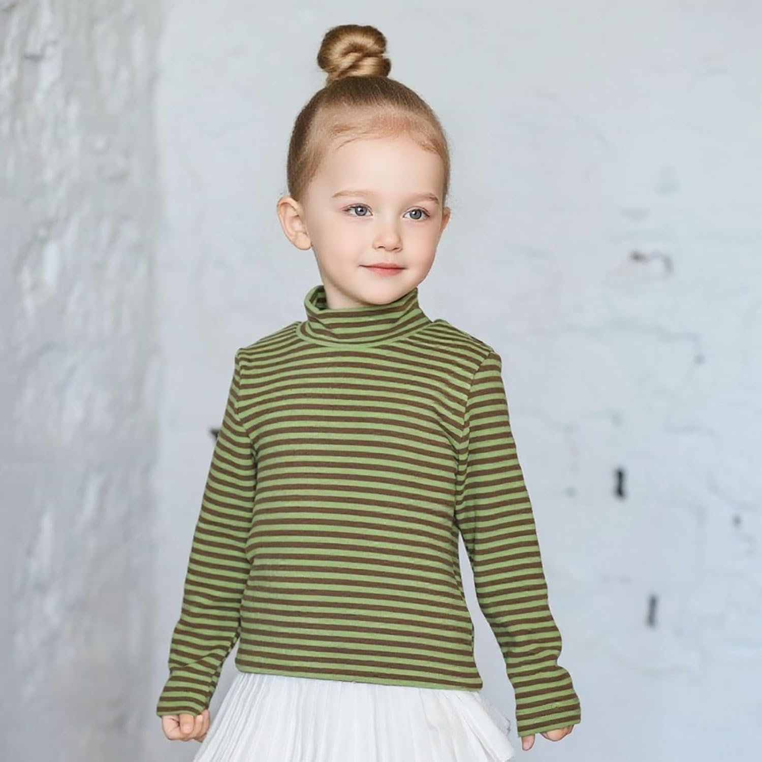 MINI PANDA Little Girl's High-Neck Striped Long-Sleeved T-Shirt, Toddler's High-Neck Stretch Top - Image 3