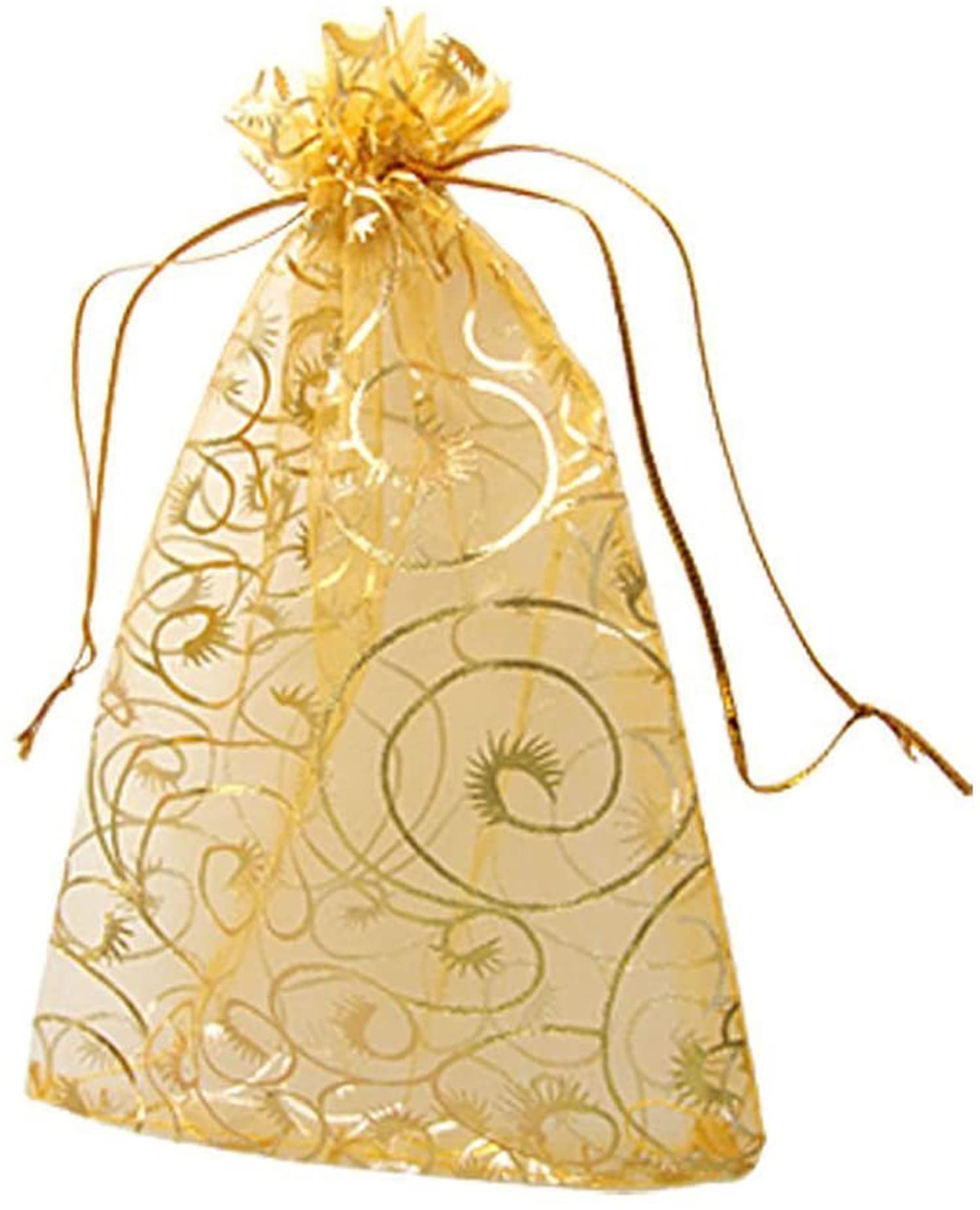 Delfino 100pcs Mini Sheer Organza Bags Gold Champagne Eyelash Gift Bags, Drawstring Wedding Favor Bags (10x12cm)