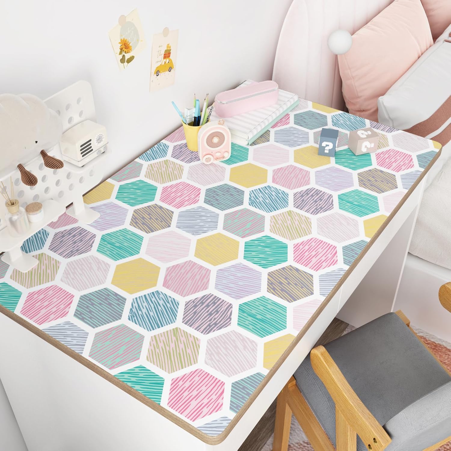 WESTICK Colorful Geometric Peel and Stick Wallpaper Self Adhesive Boho Contact Paper for Walls Hexagon Geometric Wallpaper for Kids Bedroom Girls Dresser Nursery Room Cabinets Countertops 17.5"x315"