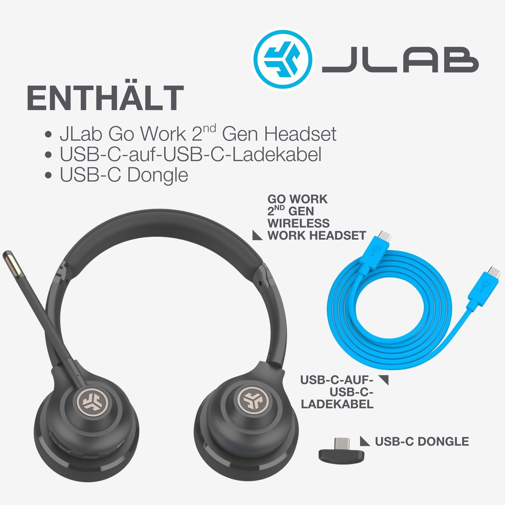 JLab Go Work 2nd Gen Bluetooth Headset mit Mikrofon & USB C Dongle, Akku 55h+, Wireless Headset PC mit Noise Cancelling Mikrofon, kabellos & per Kabel, Multipoint, für Handy, Office, Büro