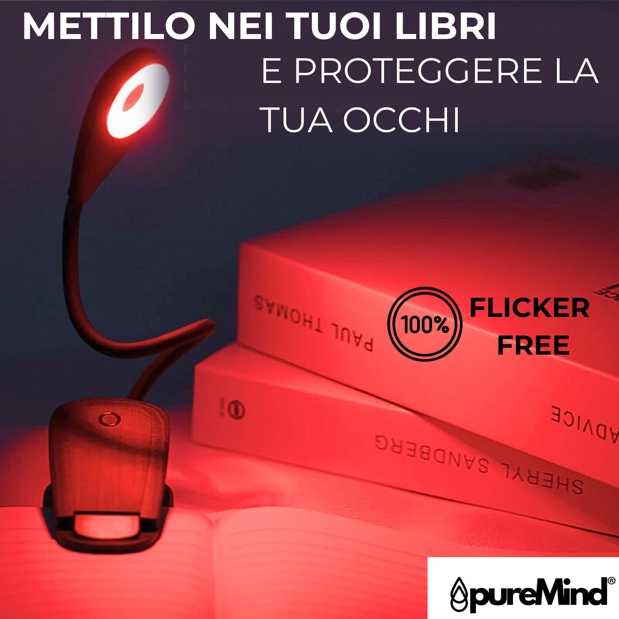 Puremind Lampada Lettura Luce Rossa con Pinza USB Ricaricabile - Senza Luce Blu + Flicker Free - Collo Flessibile 360º + 3 Intensità - Lettura Notturna a Letto + Relax + Studio