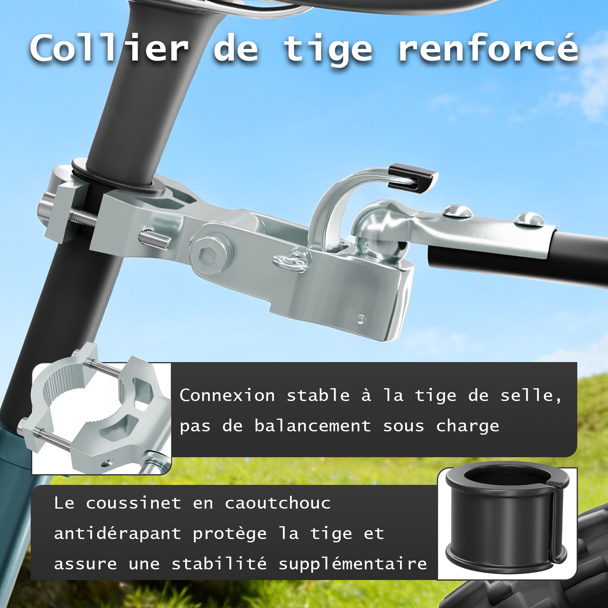 Robuste Attelage de Remorque de Vélo en Acier Galvanisé pour Tige de Selle 26-33 mm