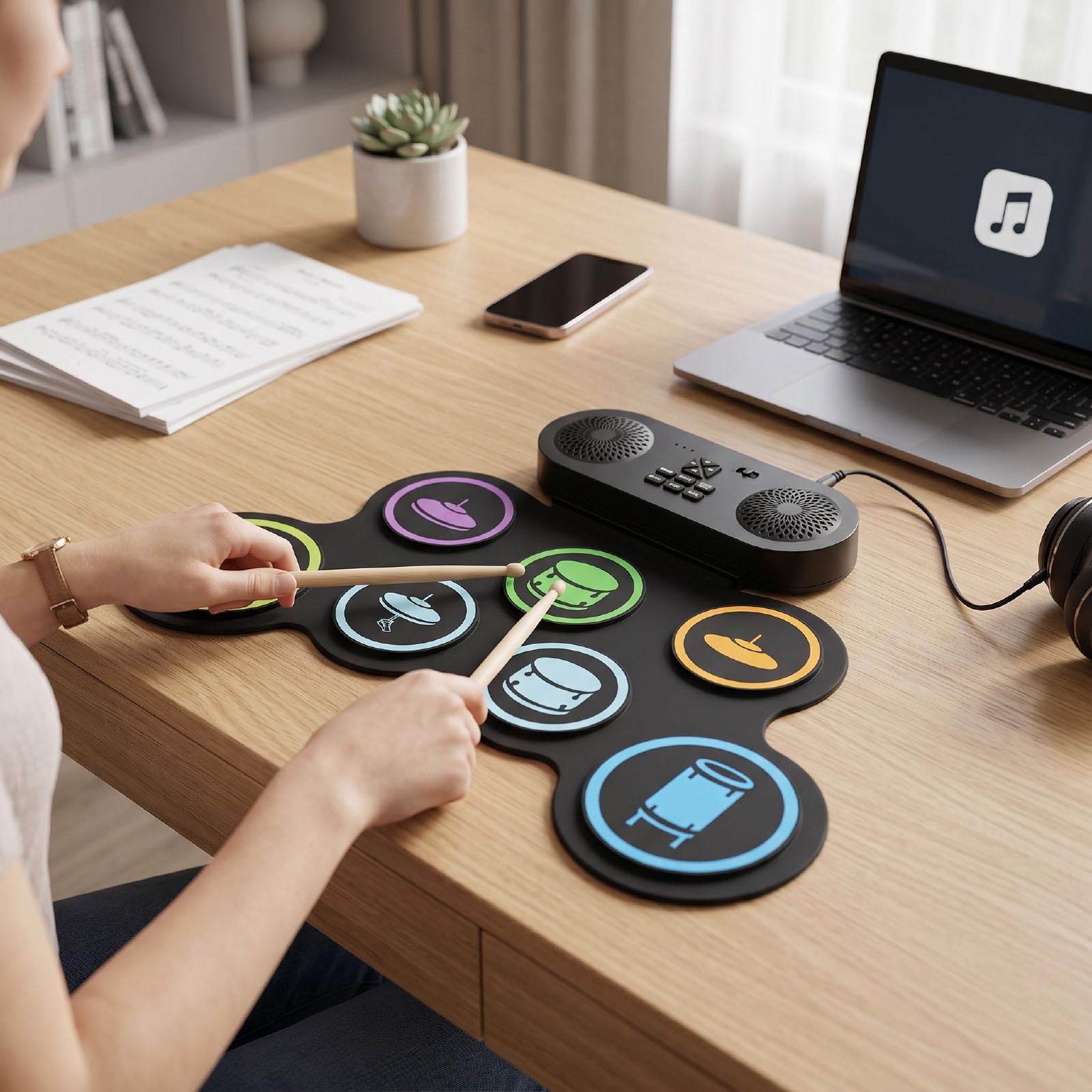 Dpofirs Batteria Elettronica Portatile Arrotolabile, Kit di Tamburi con Doppio Altoparlante Pad di Pratica Bacchette Registrazione e Riproduzione, Design Pieghevole for Principianti e