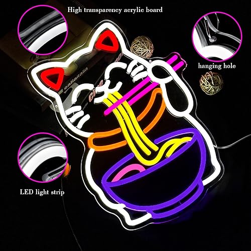 Miniatura 2 de Letrero de neón de ramen con texto en inglés "Fortune Cat", luces LED de neón regulables para decoración de pared, restaurante, cocina, ramen,