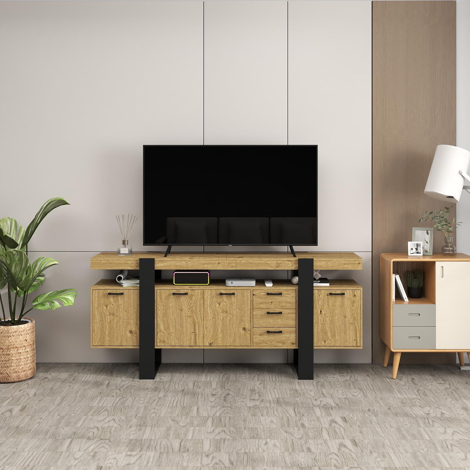 Mueble TV 180cm - Mueble TV Estilo Industrial, Muebles de Salon con 2 Cajones y 2 Puertas Armario, con Luces LED, Estructura Imitación Roble+Marco Negro, apto para Salón/Dormitorio 180x40x80cm