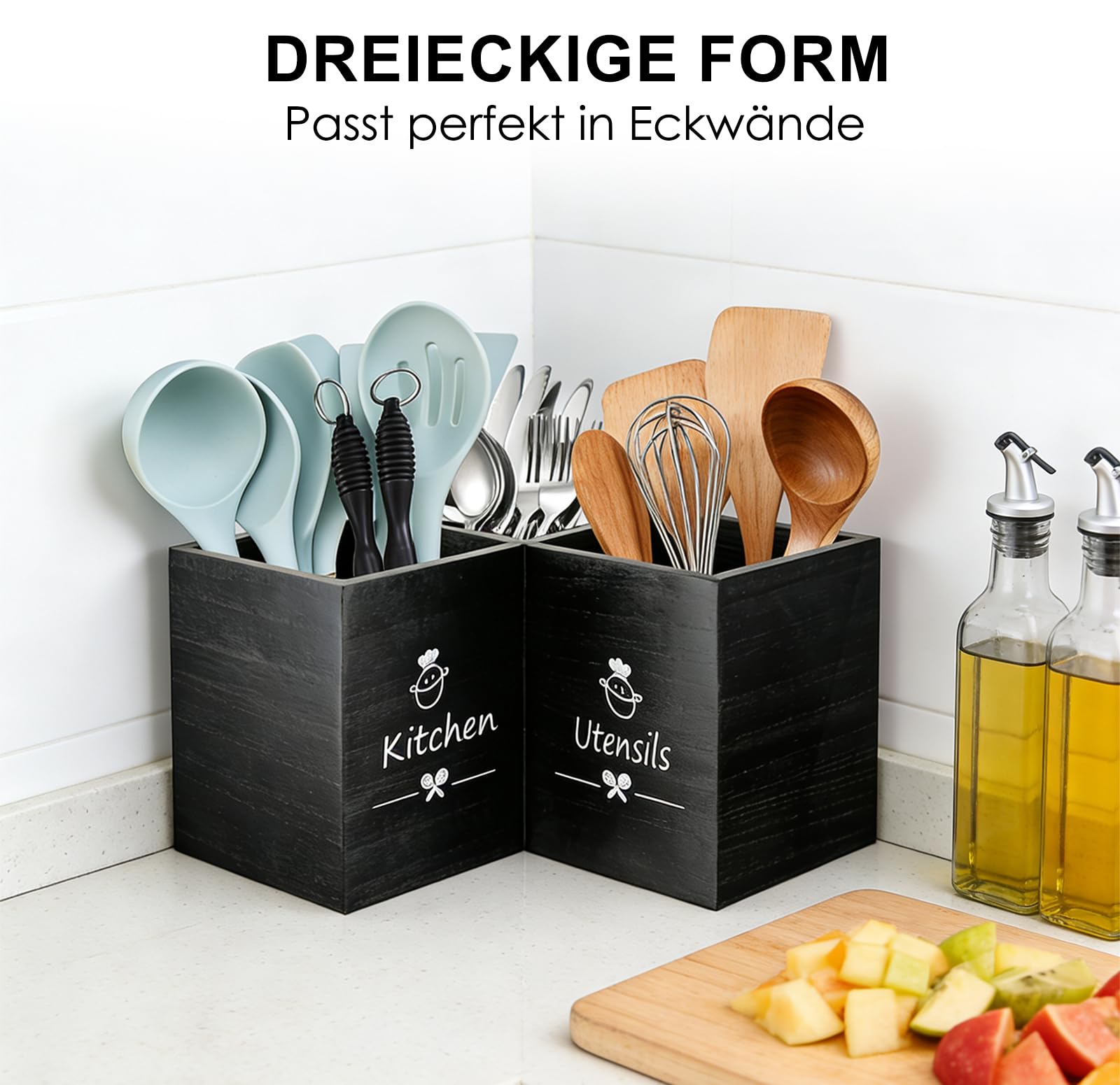 Kitchen Utensilhalter mit Entwässerungboden, Holz Utensil Organizer, große 3 Fächer Küchenutensilien Organizer Stabiler Besteckhalter für Küchenarbeitsplatte