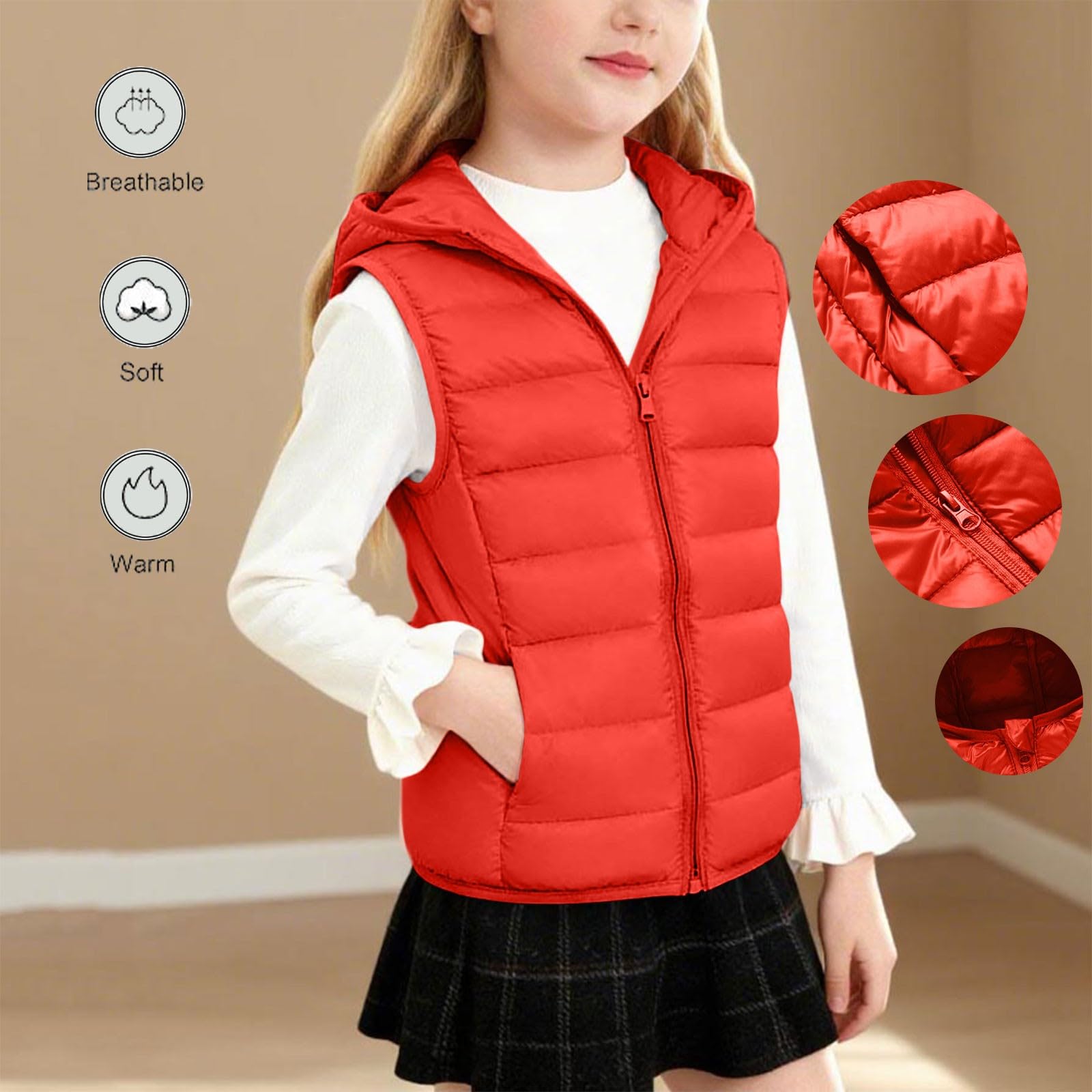 HAOLEI Chaleco Acolchado para Niños y Niñas,Ligero Chaqueta Acolchada con Capucha para Otoño e Invierno Abrigo Cálido Sin Mangas con Cremallera Térmico Cortavientos Resistente Al Viento 3-14 Años