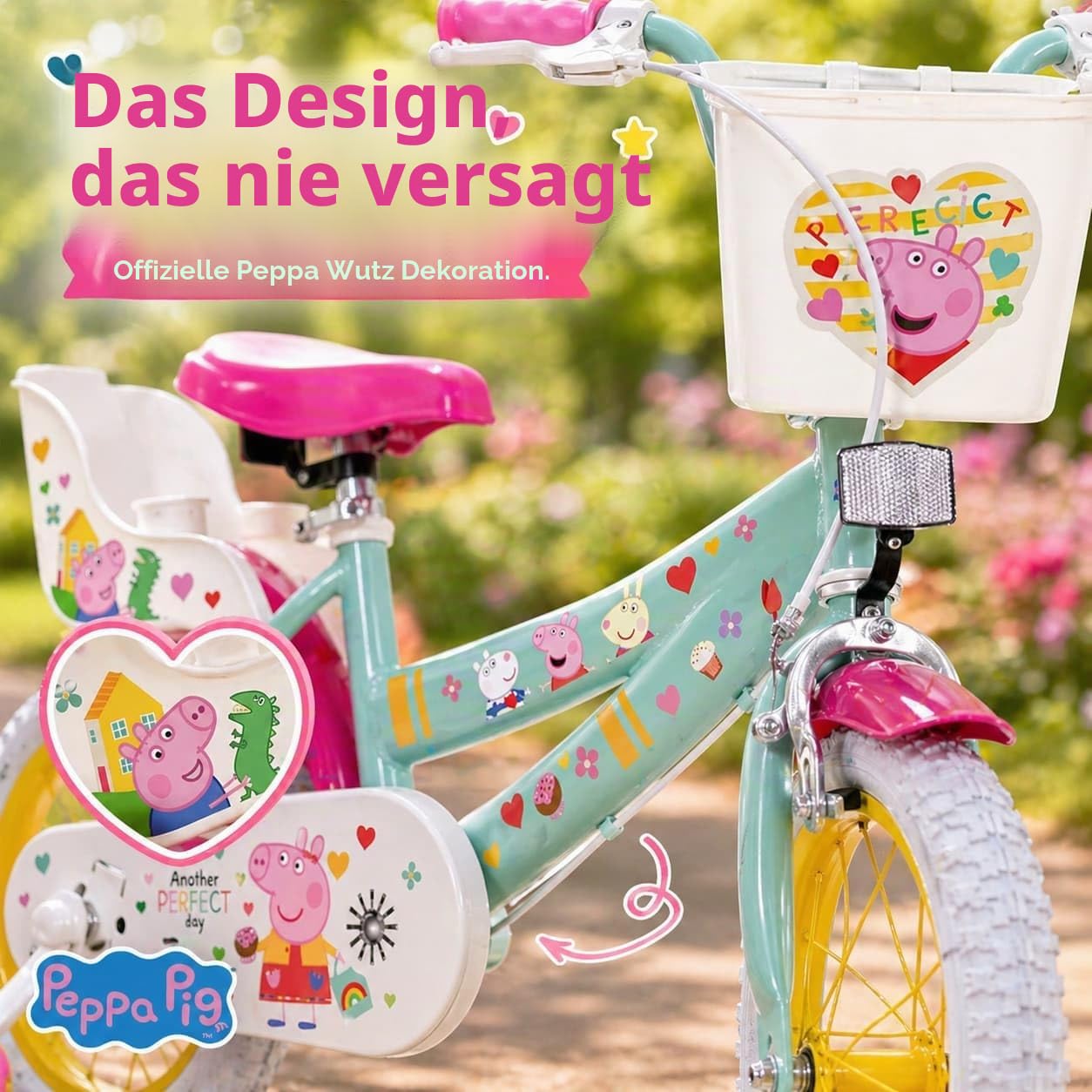 TOIMSA Kinderfahrrad Peppa Pig 14 Zoll mit Stützrädern Korb Puppensitz Alter 4-6 Jahre