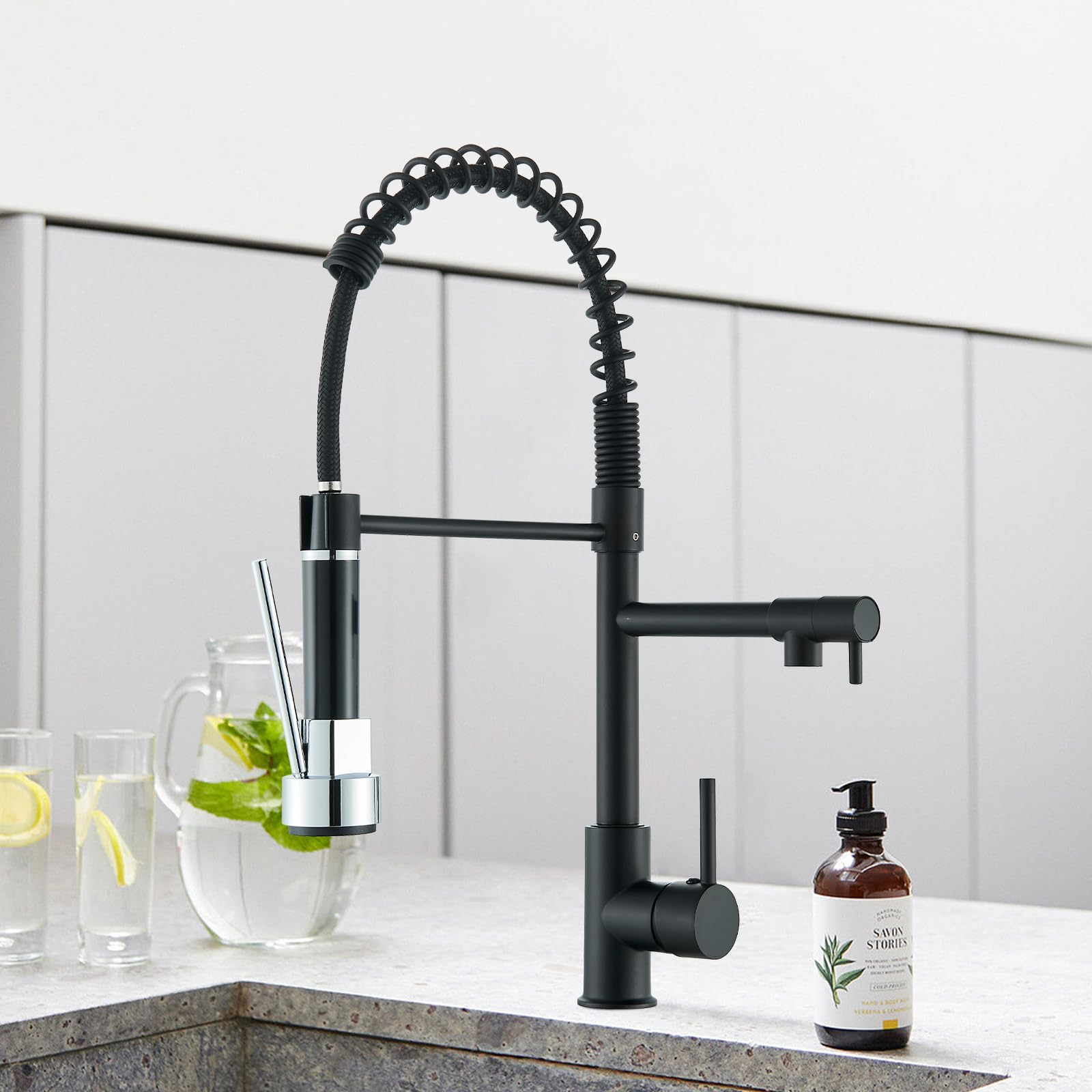 Robinet de Cuisine Noir Mitigeur Deux Jets Douchette Flexible Pivotante Rétractable Bec Haut Arc Élevé Rotatif 360°