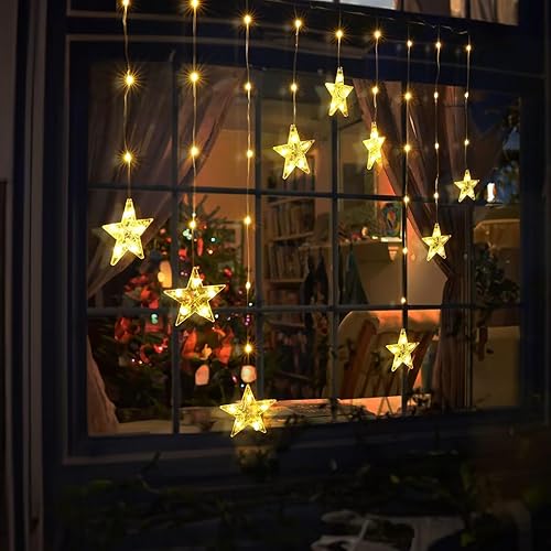 Quntis Luces de ventana de Navidad con estrellas, 76 LED, 9 estrellas, funciona con pilas, con temporizador, 8 modos de Navidad colgantes para