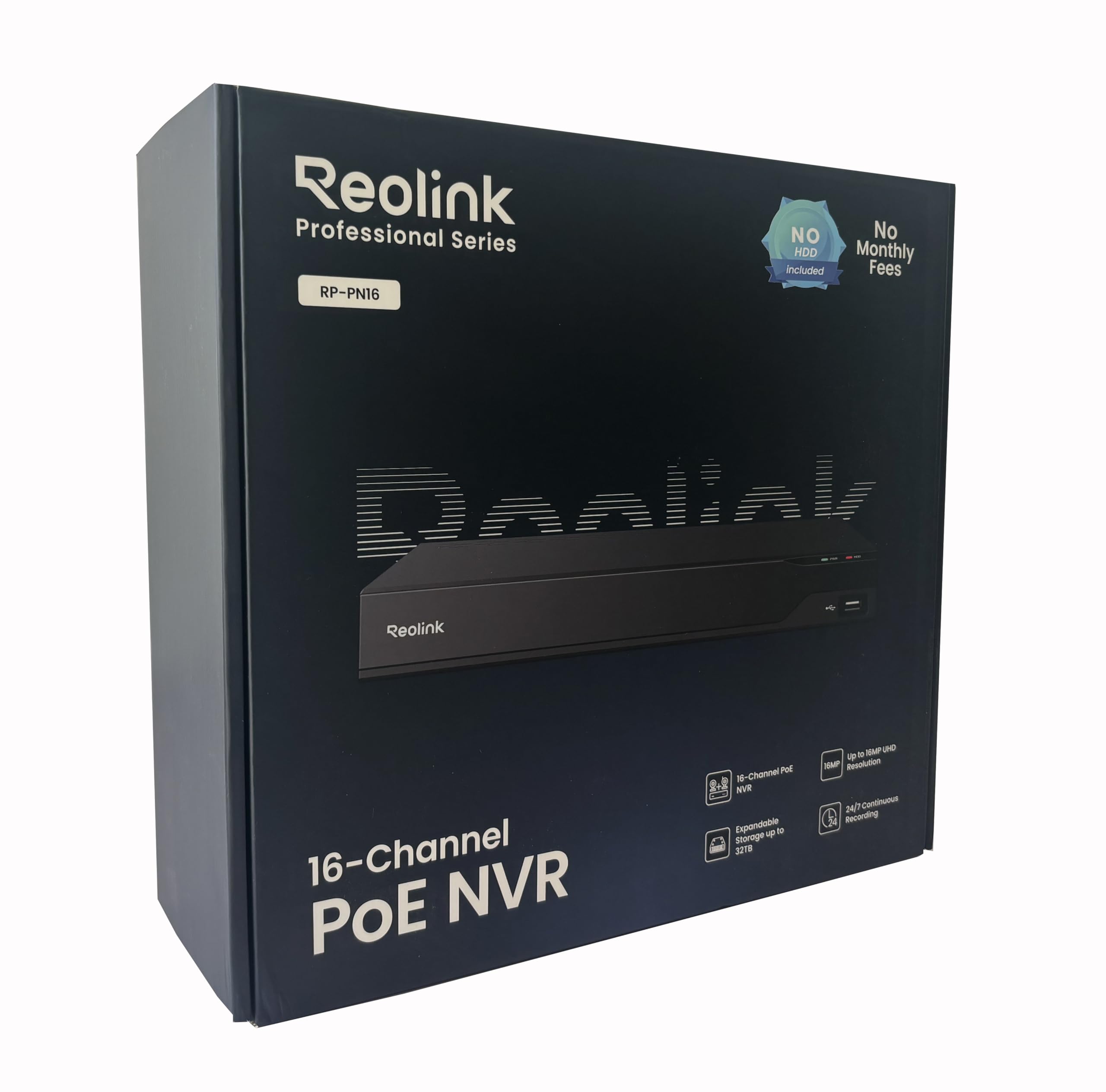 Reolink RP-PN16 Professional PoE NVR 16 MP Supporto Videoregistratore di rete di sorveglianza interna ed esterna, nero