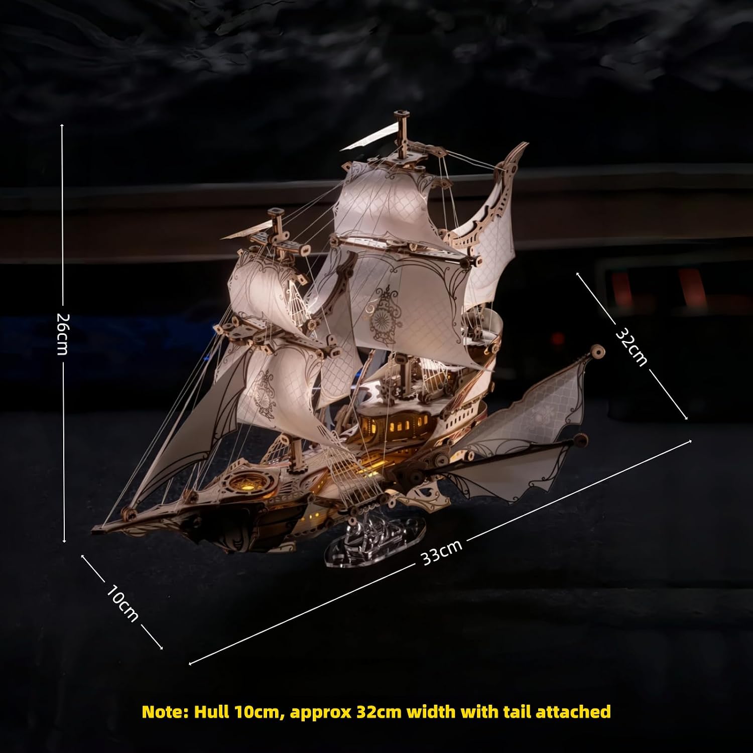 KingStora Fantasy Flying Ship DIY Craft Kit, Wooden Assembly Model Kit with Golden Engraved Details, Fairy Airship Building Set, Creative Handmade Decor for Adults (Fairy Airship)