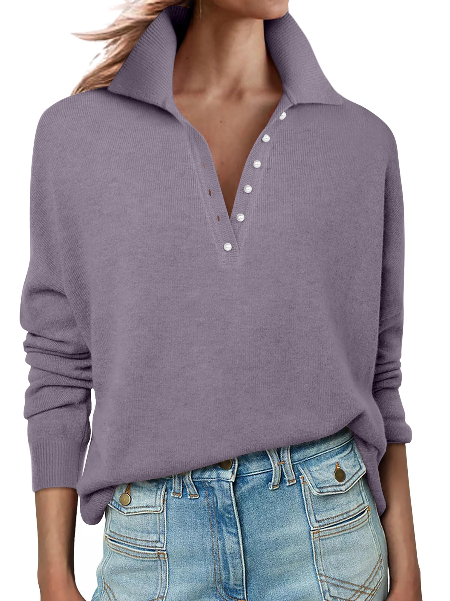 ANRABESS Womens Long Sleeve Polo Sweaters Knit Button Shirt Lightweight Dressy Casual Basic Pullover Tops 2025 Fall Fashion