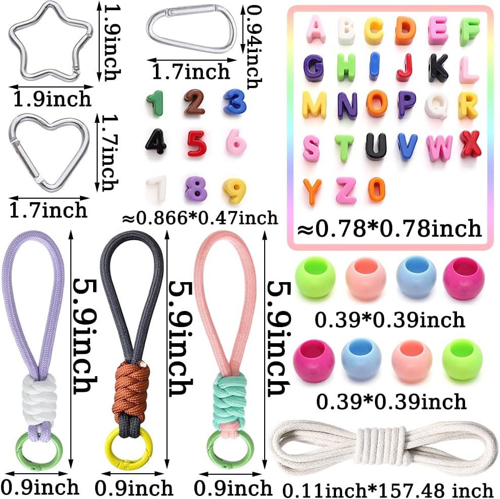 Mixed Color Big Hole Acrylic Number Letter Beads for Keychain Making Kit, 3D Letter Key Chain Making Kit with A~Z Alphabet Letters / 0~9 Numders/Round Beads/Wrist Straps/Carabiners/Cotton Rope
