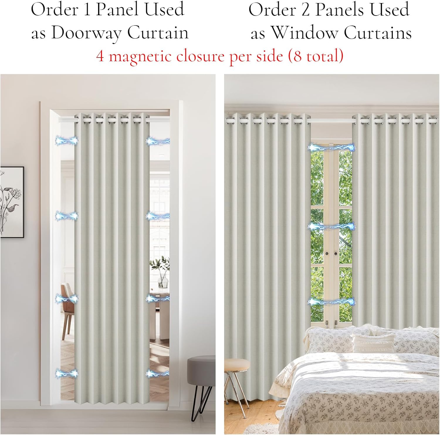 Magnetic Closure Pleated Look Theater Grade 100% Blackout Grommets Door Window Curtain Panel, Approximate Pinch Pleated Curtains, 1 Panel, W60 x L80, Natural