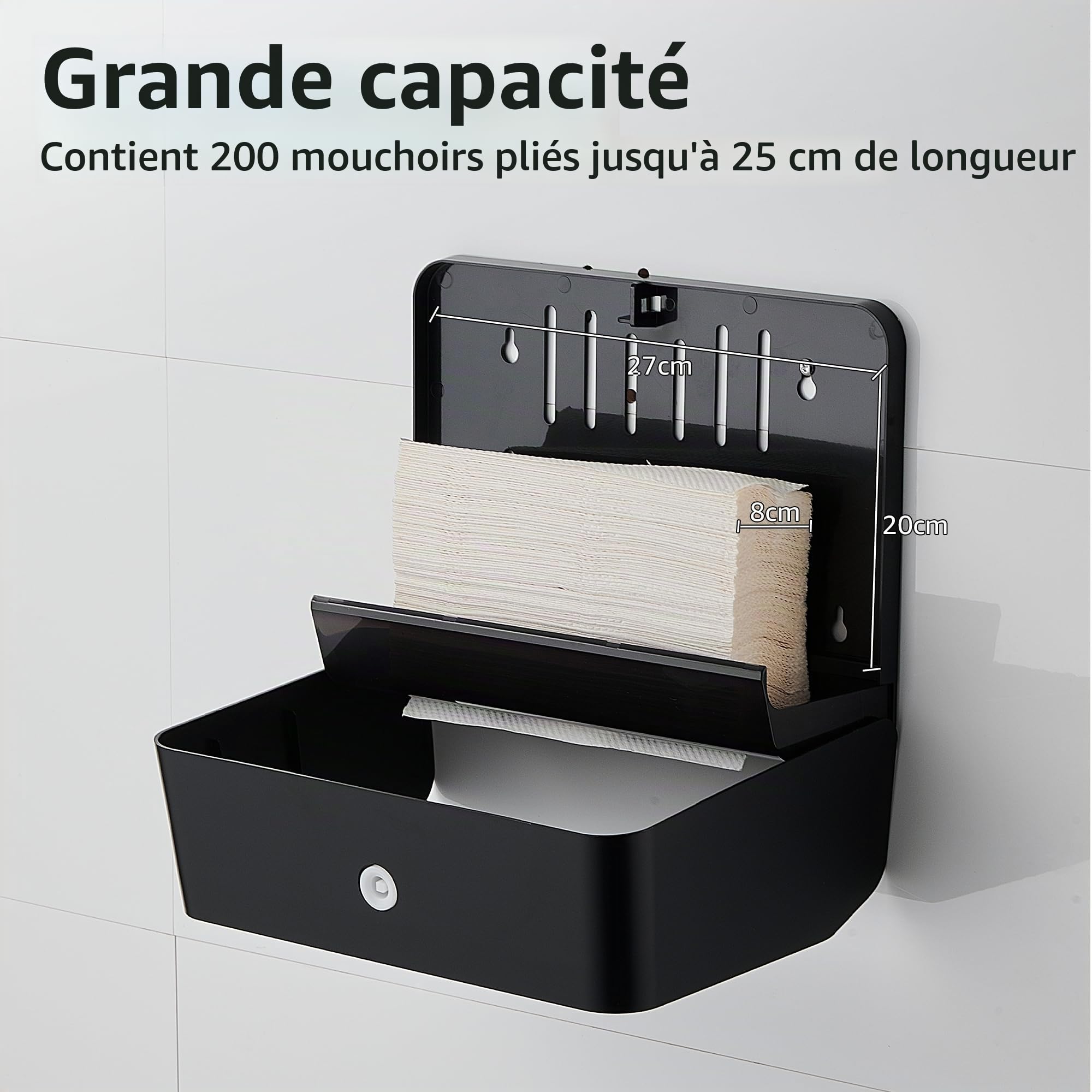 Distributeur de Serviette en Papier Mural, Distributeur Essuie Mains Pliés, pour Commercial Toilette et Cuisine, Salle De Bain, Peut Contenir 200 Feuilles, Noir