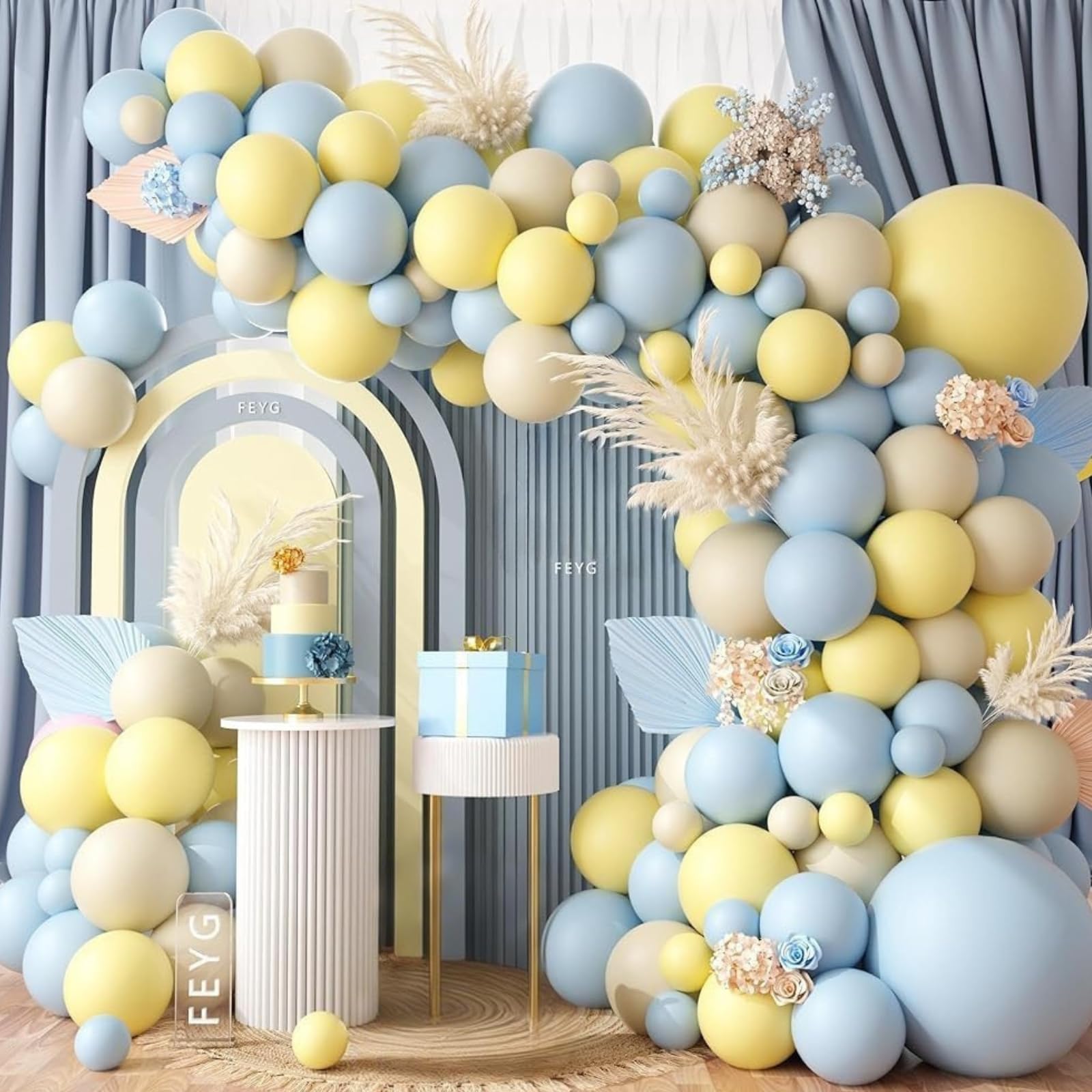 Snapklik.com : Pastel Blue Yellow Balloon Garland Arch, White Sand ...