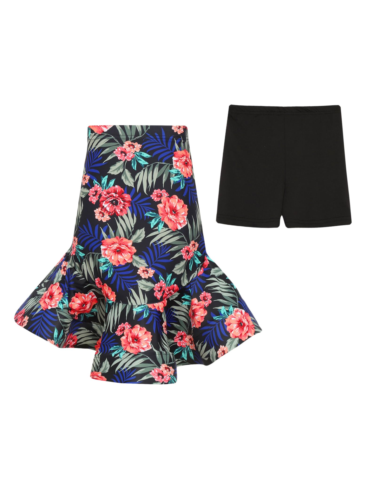 Eandarui Kids Girls Ballroom Latin Dance Skirt Floral Print Fish Tail Dance Skirt with Underwear Set Blue Floral 5-6 Years