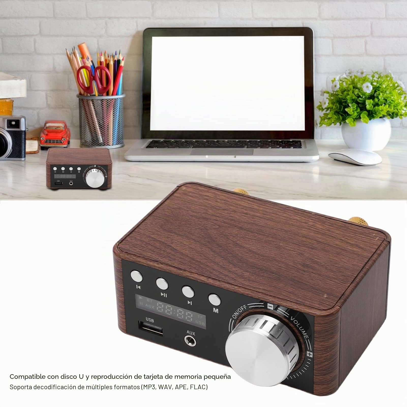 Generic Mini Amplificador de Potencia Bluetooth 5,0, Grano de Madera Resistente, Doble Canal de 50W X 2 para Componentes de Cine en Casa