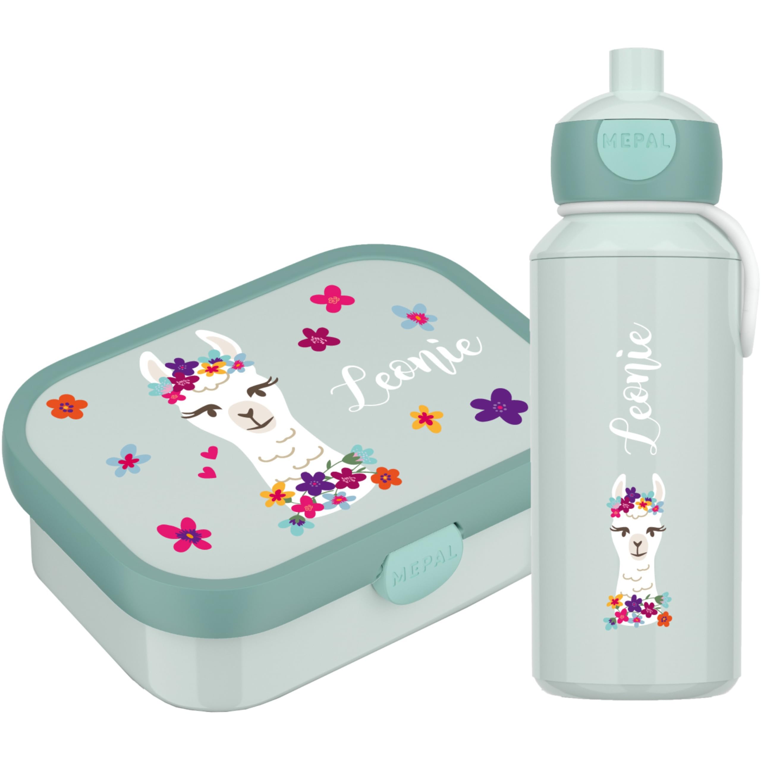 4youDesign Brotdose - Trinkflasche Set Alpaka mit Namen | Campus mit Bento-Box & Gabel | Ohne Weichmacher BPA | Brotdose mit Fächern für Kindergarten und Schule | 750ml Box 400ml Flasche (Cool Mint)