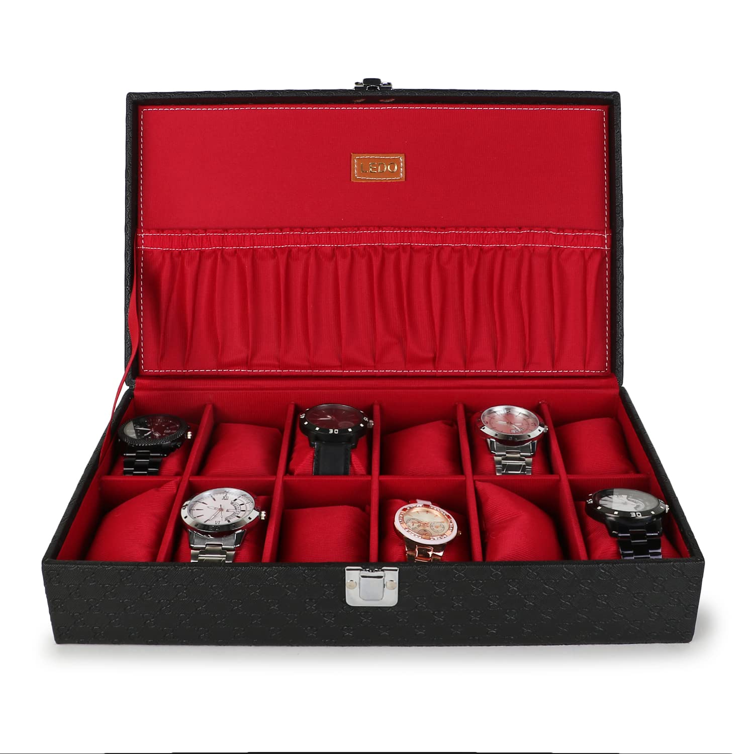 LEDO Mens and Womens Watch Box Holder Organizer Case In 12 Slots of watches In Black color with Cherry Velvet (B0BK86MMWY) Amazon Price History, Amazon Price Tracker