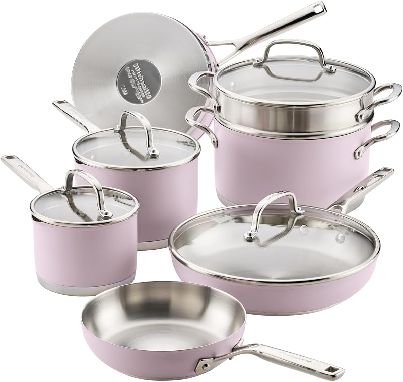 KitchenAid Juego de utensilios de cocina de acero inoxidable de tres capas, juego de ollas y sartenes de 11 piezas | Juego de ollas y sartenes de acero inoxidable de 3 capas, apto para inducción, apto para utensilios de metal, tapas ajustadas, flores silvestres.