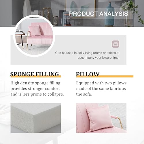 Miniatura 7 de FENFSHE Sofá pequeño de 54 pulgadas, cómodo sofá tapizado de terciopelo rosa con patas de hierro para espacio compacto, sala de estar, apartamento,