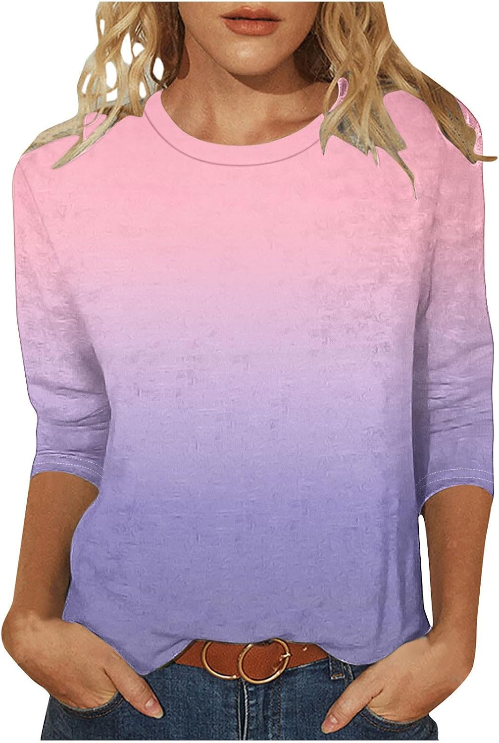 3/4 Sleeve Tops for Womens Fashion Gradient Color Crew Neck Shirts Summer Vacation Casual Blouses with Pockets