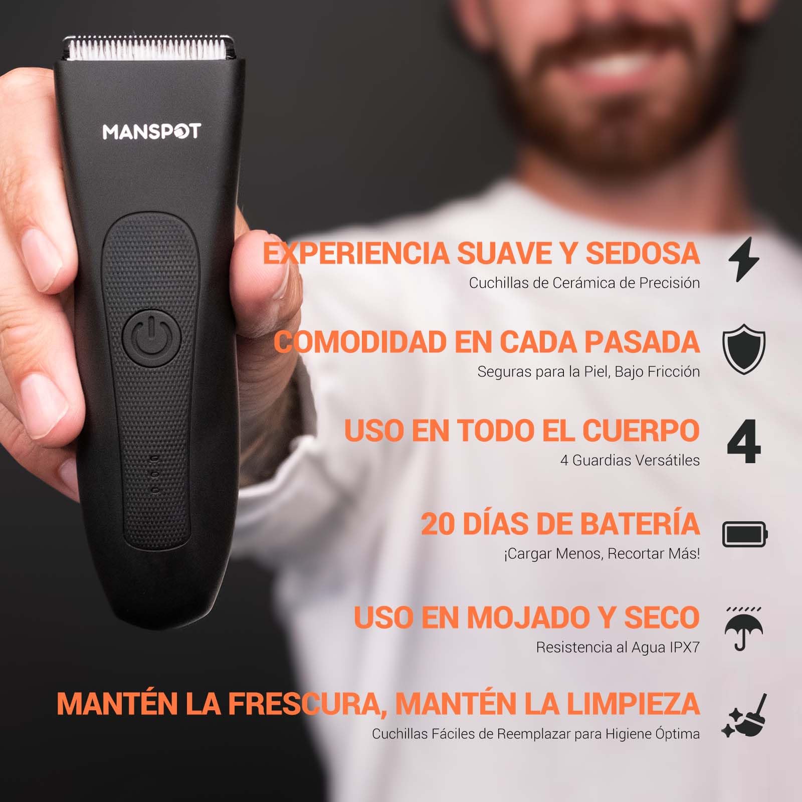 MANSPOT Afeitadora Corporal Masculina, Depiladora Corporal Hombre con Cuchilla de Cerámica Desmontable, IPX7 Resistente al Agua, Seco y Húmedo, para Axilas, Pecho, Piernas y Genitales