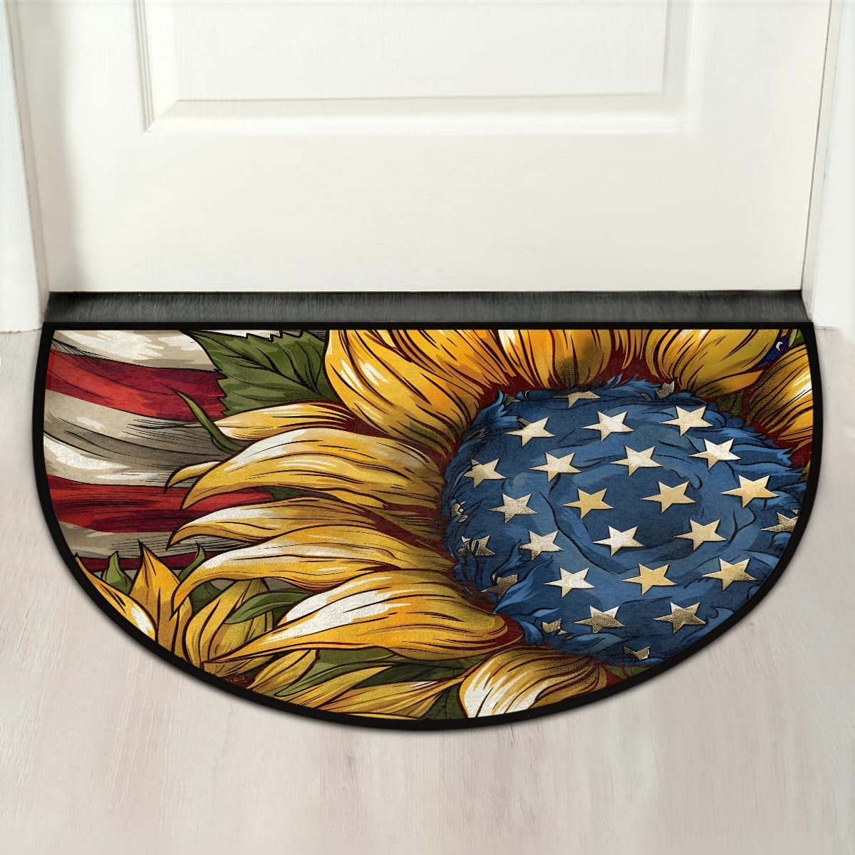 Half Round Door Mat Sunflower American Illustration Non Slip Washable Semi Circle Area Rug Absorbent Soft Half Moon Rug Floor Mat for Indoor Outdoor Kitchen Bathroom Patio Front Door Mat Decor