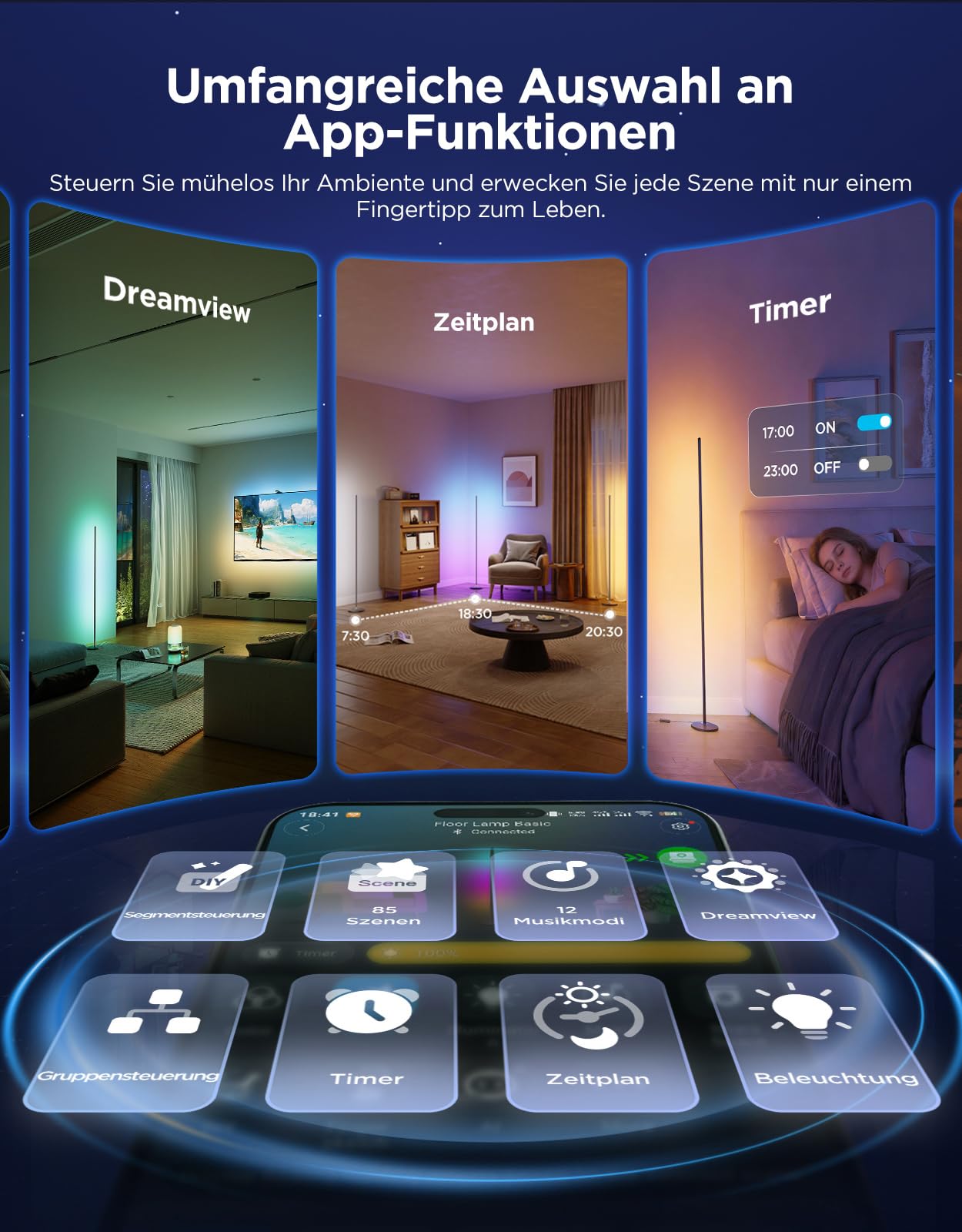 Govee RGBIC LED Stehlampe, WiFi Dimmbar, Alexa Matter, 16 Mio Farben, 85 Szenen, Musikmodi, Schwarz